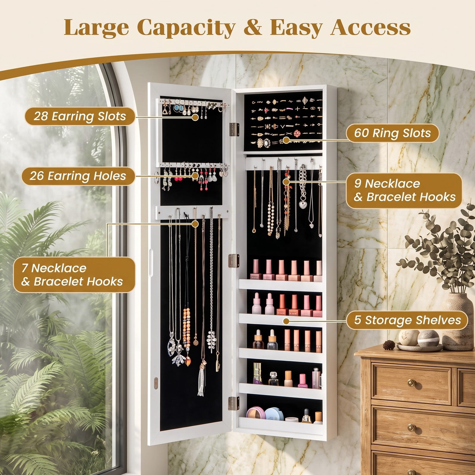 Furnibear Door and Wall Mounted Armoire Jewelry Cabinet with Full-Length Mirror and Velvet Lining for Bedroom Storage, White