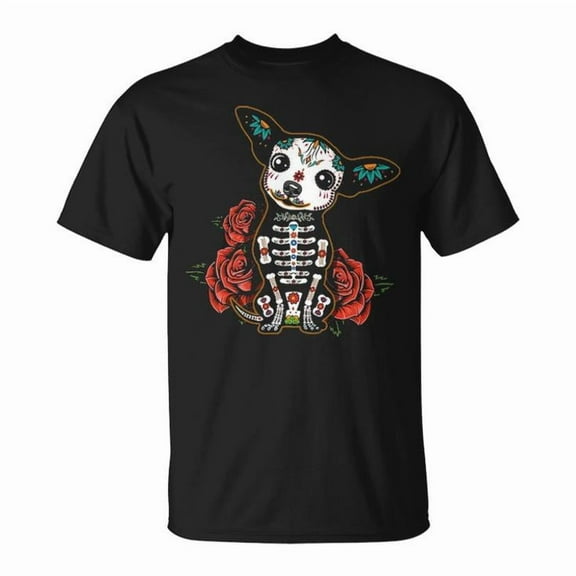 Chihuahua Día de Los Muertos Day of the Dead Sugar Skull Dog Graphic Tee – Colorful Cotton Unisex Adult T-Shirt, Soft Casual Crewneck for Pet Lovers and Festive Wear, Size 2XL, Color Black