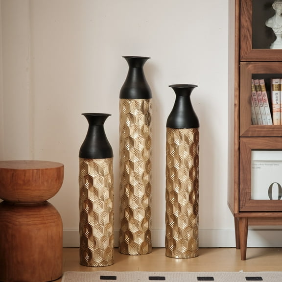 Tall Large Floor Vase, Metal Flower Vase with Hexagonal Honeycomb Design, Black And Gold Finish