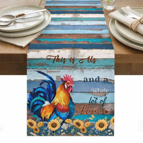Sunflowers Chickens Table Runner - 90 Inch Long, Kitchen Dining Table Runner Dresser Scarves, Farms Animal Wooden Grain Cabin Farmhouse Decor for Coffee Tables Wedding Party Banquet
