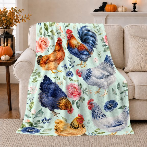 Rooster and Hens with Peonies, Watercolor Farmhouse Style for Chicken Lovers, Mint Green Floral Scene, Cozy Flannel Blanket for Living Room and Bedroom, Housewarming Gift and Rustic Home Decor