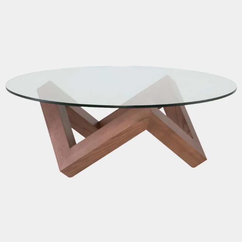 Como Round Coffee Table with Walnut stained ash base w/ Clear tempered glass top