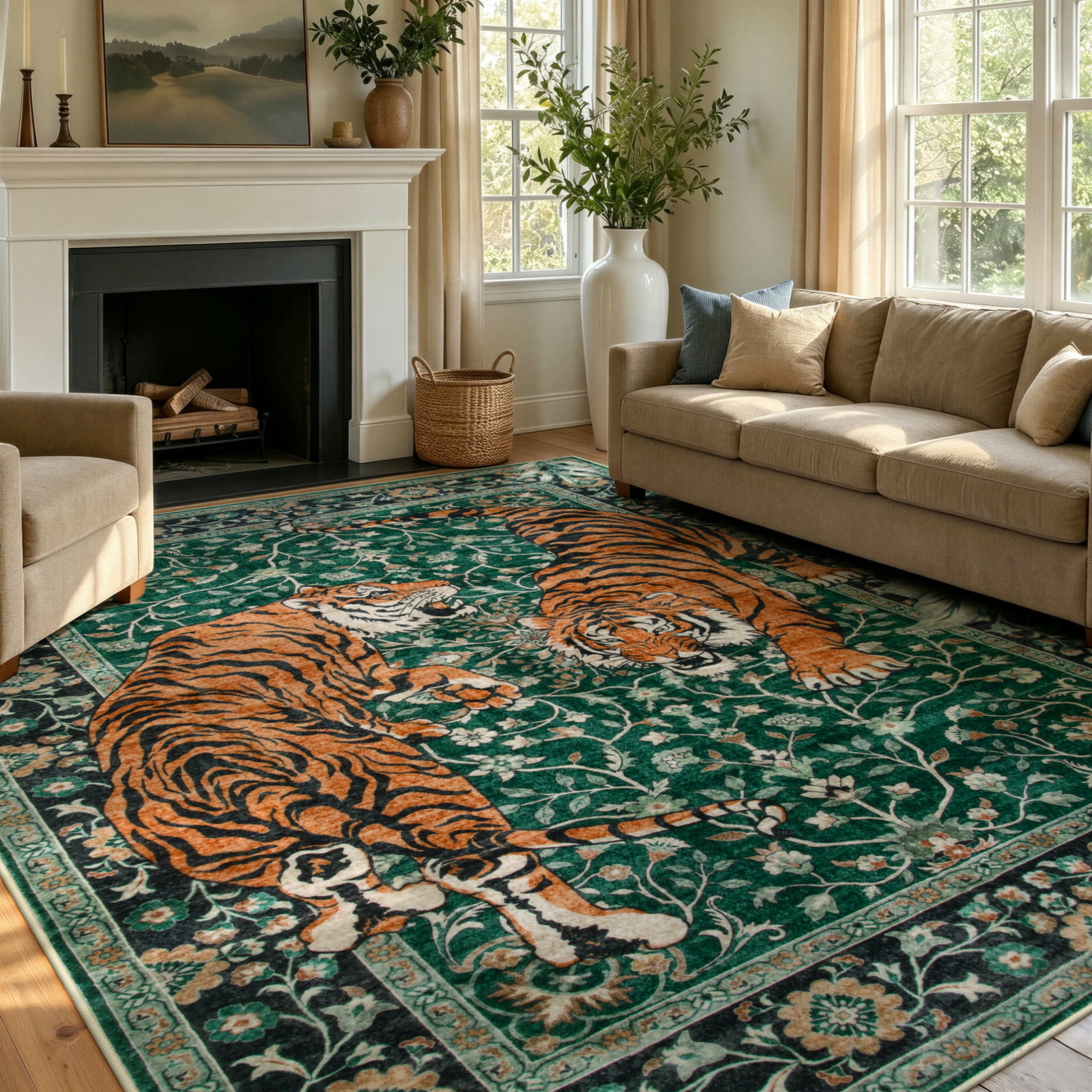 Moynesa Vintage Tiger 8'x10' Large Area Rug for Living Room, Washable Tropical Boho Rug Distressed Botanical Floral Accent Carpet for Bedroom Dining Room Low Pile Non Slip Stain Resistant, Green