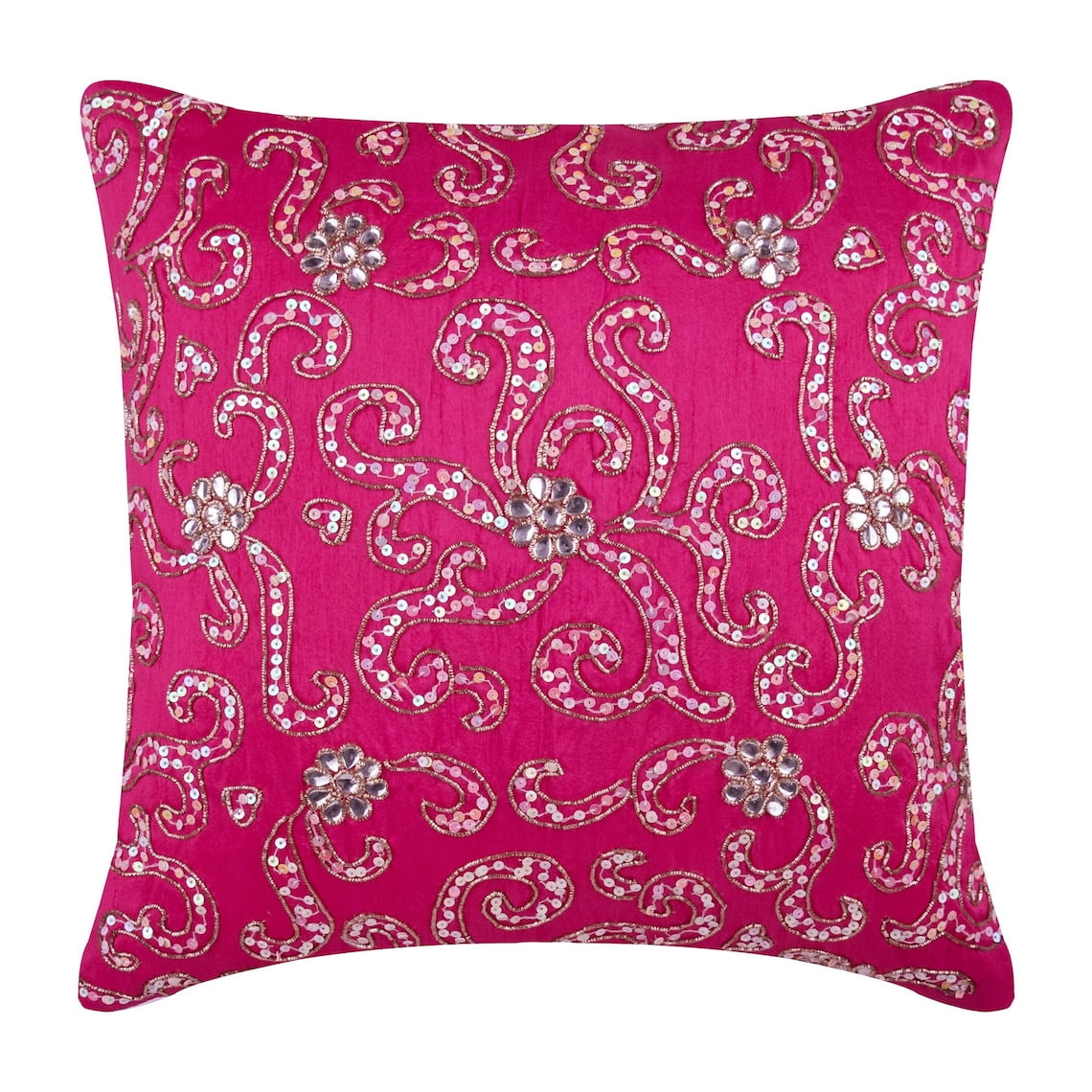 Fuchsia Pink Pillow Shams, Sparkly Sequins Floral Theme Pillow Shams