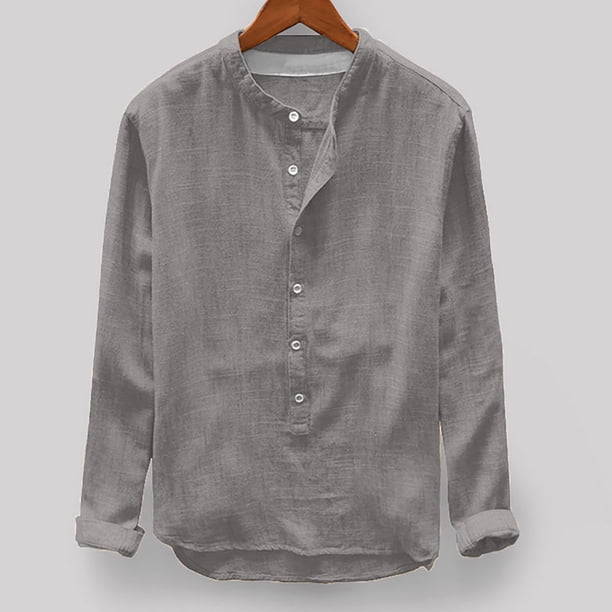 Blusas y camisas de manga larga con cuello redondo para hombre, blusa informal lisa con botones y manga larga con cuello redondo, blusa para hombre