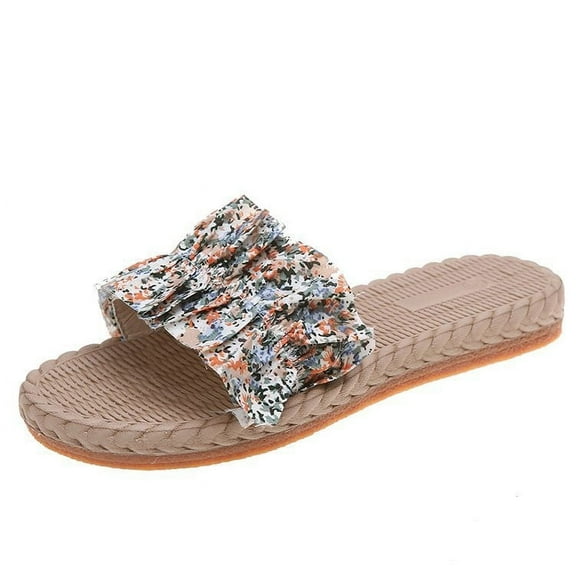 Anuirheih Clearance Slip on Sandals Women,Women's Floral Cloth Sandals Straight Line Shoes Retro Woven Flat Bottomed Slippers(Orange)