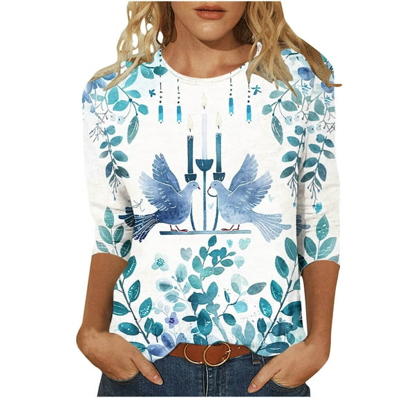 successthop Womens Hanukkah Shirt Happy Festival Plus Size Oversized Lightweight Crewneck 3/4 Sleeve Blouse Shirt