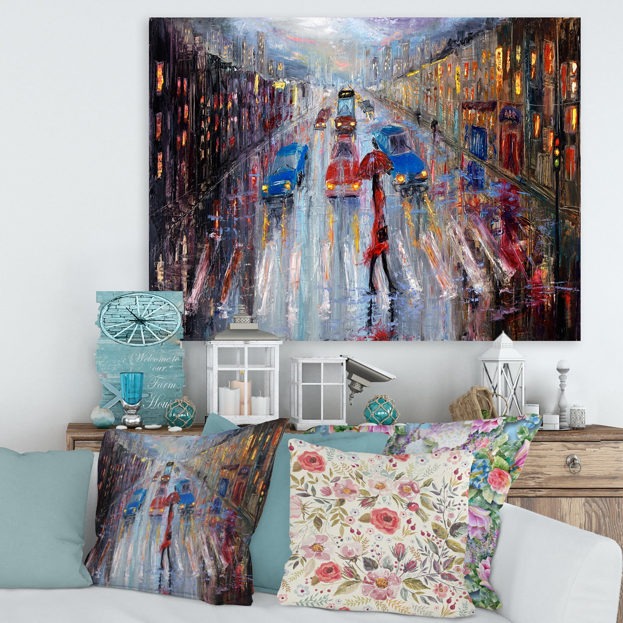 Designart ' Girl In Red Crossing The Street ' Traditional Canvas Wall Art Print
