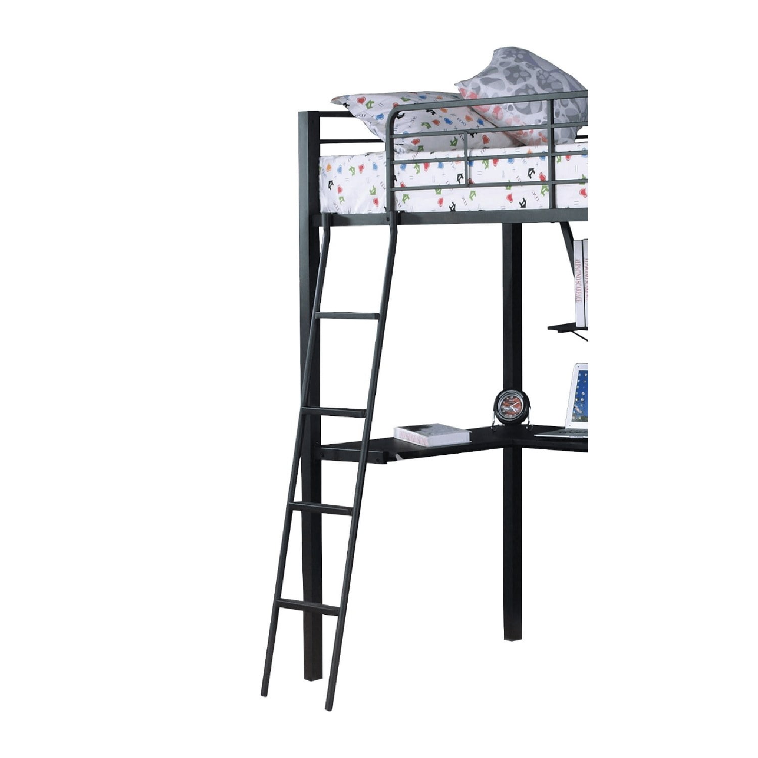 Twin Loft Bed with Desk and Reversible Ladder, Metal and Synthetic Wood Frame, Built-In Slat System, 79 in Long
