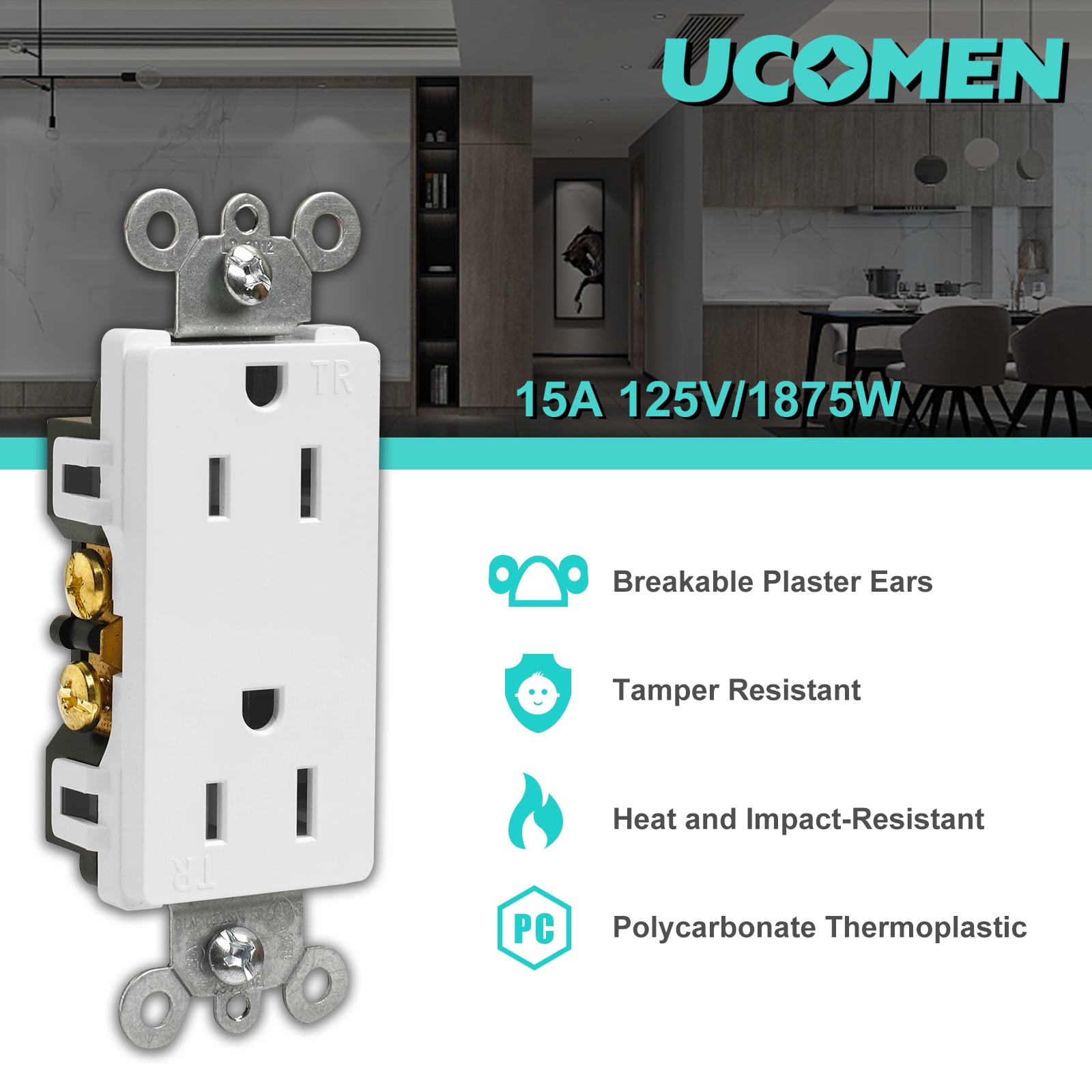 UCOMEN Decorator Receptacle, Tamper-Resistant Duplex Outlet, Standard Electrical Wall Outlet, 15A, 125 V, White 6 Pack