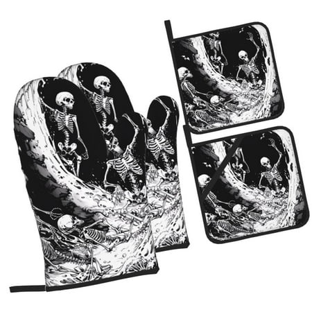 

Pofeuu Skeleton Wave Artwork Print Oven Mitts and Pot Holders 4 pcs Set High Heat Resistant 500 Degree Extra Thicken Long Kitchen Cotton Oven Glove for Cooking