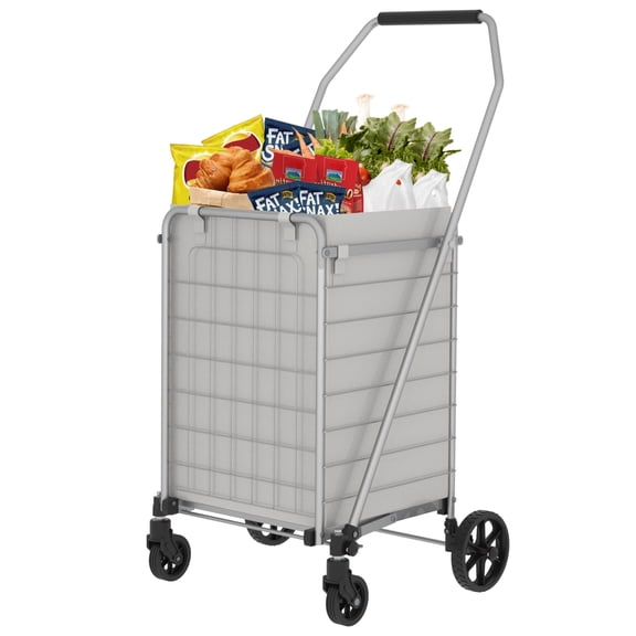 65 L Shopping Cart with Waterproof Liner, Foldable Utility Shopping Carts with 360° Rolling Swivel Wheels for Groceries Laundry, 200LBS Capacity, Grey