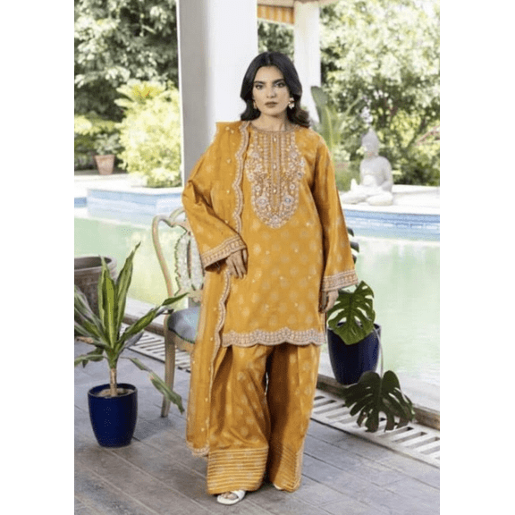 Women Pakistani farshi shalwar Salwar suit 3 pc jora YELLOW embroidered stunning Eid wedding Ramadan dewali indian size medium M NEW