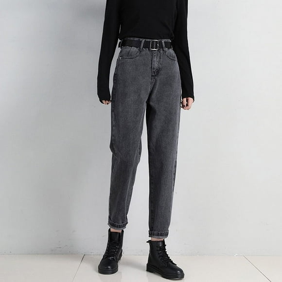 Jeans Woman Loose High Waist Denim Trousers Vintage BF Style Straight Pants Jeans Washed Cotton Harem Pants Jeans - Dark Gray / S