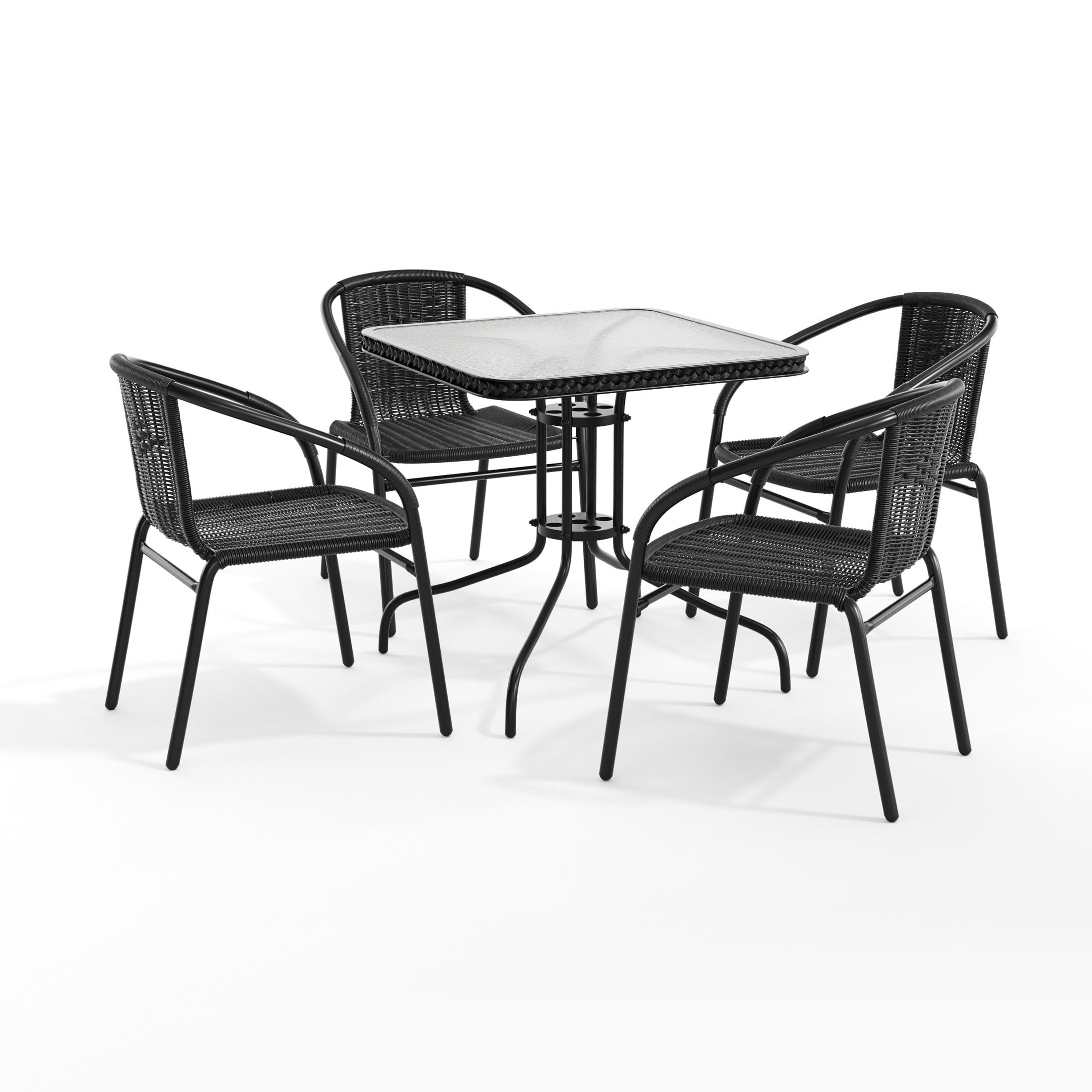 Flash Furniture 28'' Square Glass Metal Table with Black Rattan Edging and 4 Black Rattan Stack Chairs