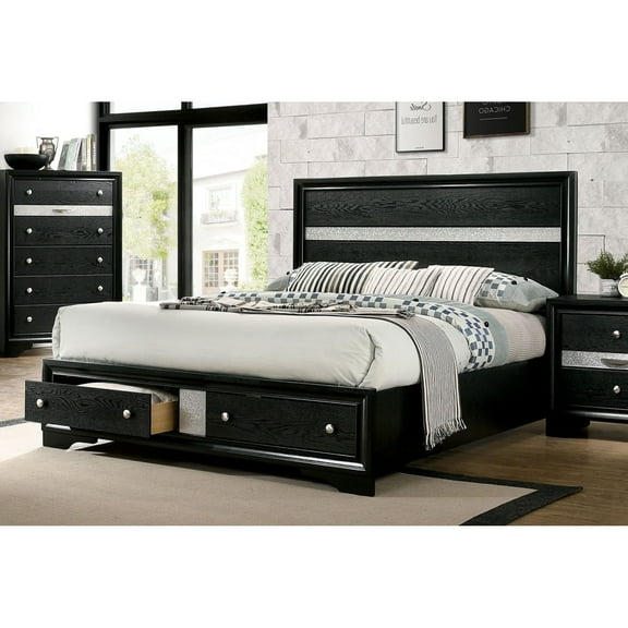 Miekor Furniture 1pc Contemporary Queen Size Bed Black Solidwood 1pc Bed Bedroom Furniture Storage 37321