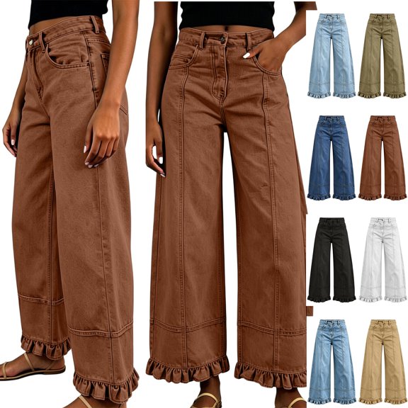 Xaqiouau Women High Waist Wide Leg Ruffled Hem Denim Jeans Fashion Trendy Solid Color Spliced Folded Cuff Pants All Season Casual Relaxed Fit Bottoms Brown M