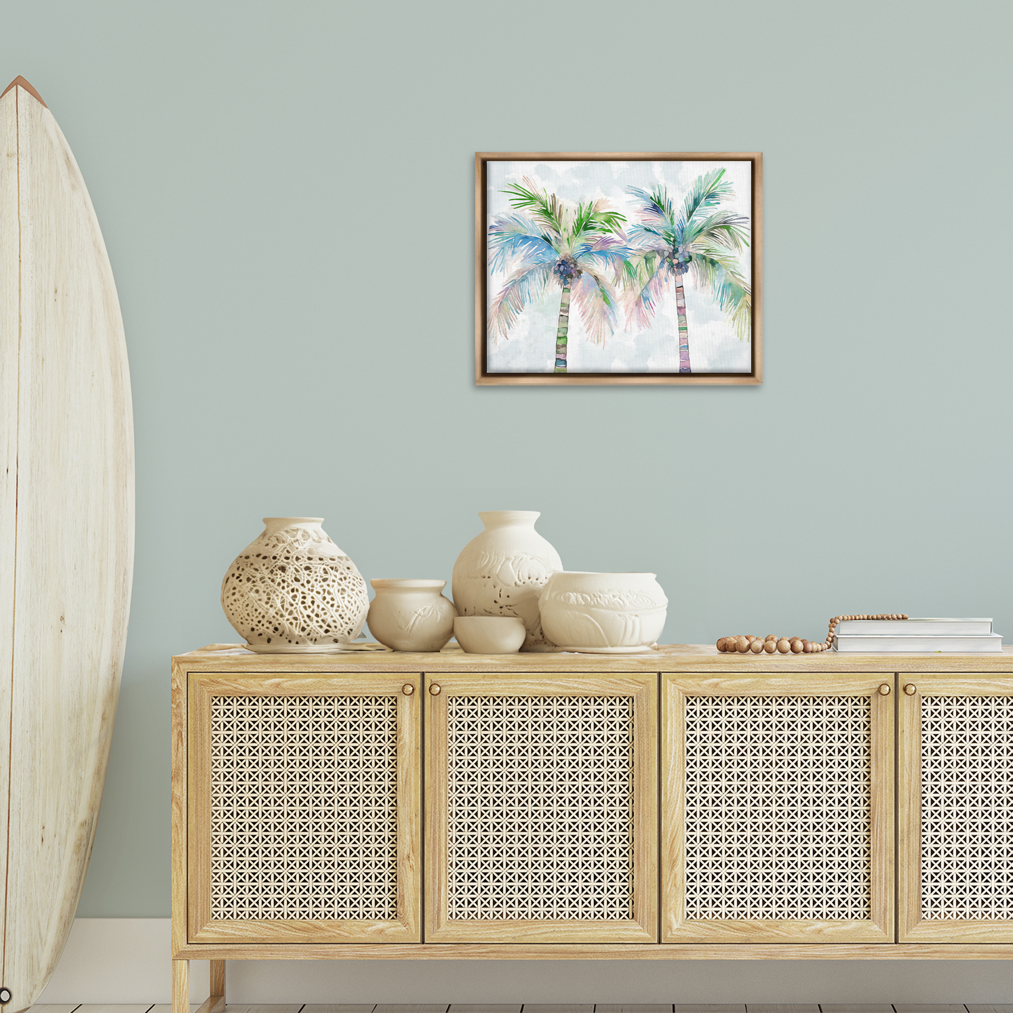 Stupell Industries Soft Palm Tree Pair Botanical & Floral Painting Brown Floater Framed Canvas Art Print Wall Art, 21 x 17