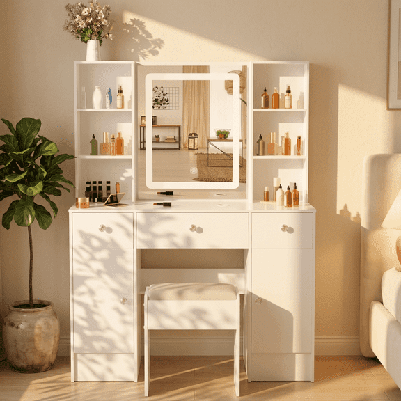 Yamissi Modern Makeup Vanity Desk Set with LED Lights and Mirror, Vanity Table and Stool, White