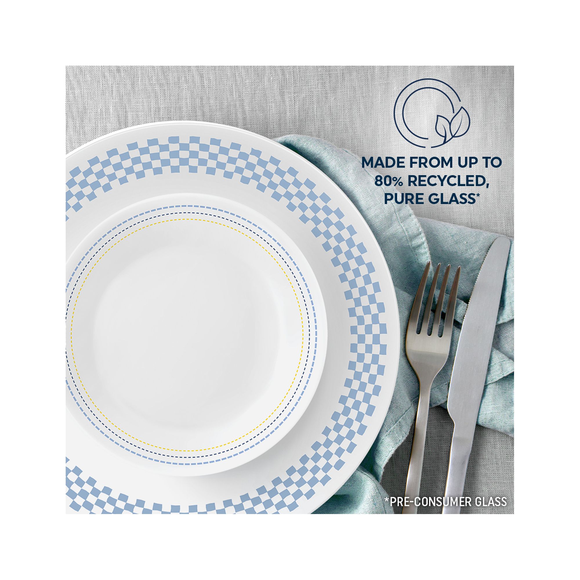 Corelle Amelia 12-Piece Glass Dinnerware Set, Blue Gingham photo 2