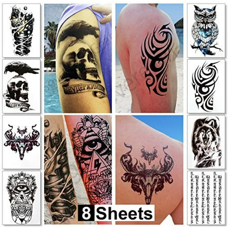 temporary tattoos for men guys & teens fake tattoo stickers (8 large sheets) tattoos for boys biker tattoos rocker transfers for arms shoulders chest & back - body art tattoo sticker waterproof (Best Small Neck Tattoos For Guys)