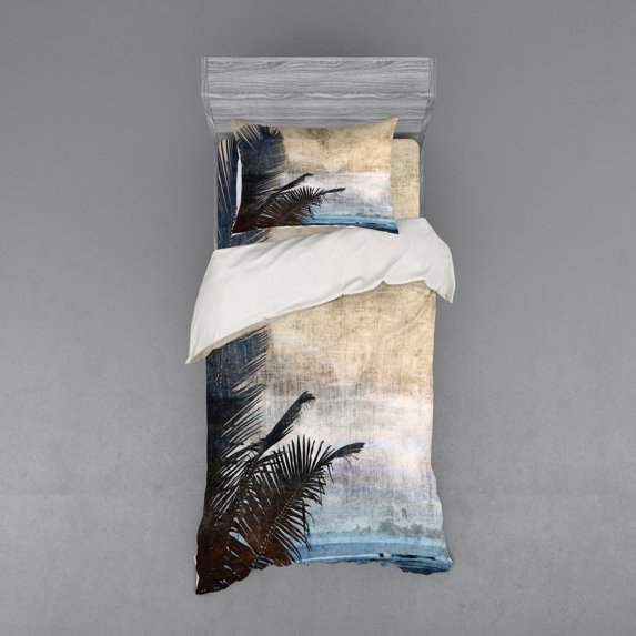 Hawaiian Duvet Cover Set, Palm Tree Leaves on Grunge Background with Sea Vintage Waterscape Illustration, Bedding Set with Shams and Fitted Sheet, 3 Sizes, by Ambesonne