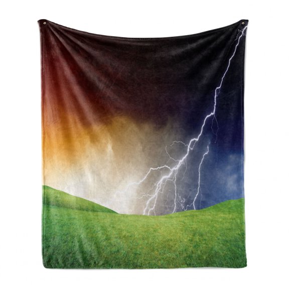 Nature Soft Flannel Fleece Throw Blanket, Nature Landscape with Fresh Grass Field and Thunder Environmental Theme, Cozy Plush for Indoor and Outdoor Use, 50" x 70", Green Orange Blue, by Ambesonne