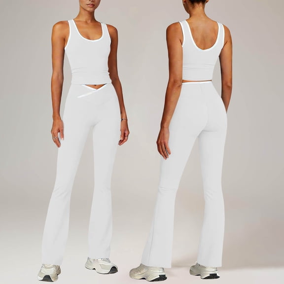 Xdegoge 2 Piece Workout Set for Women Yoga Flared Leggings Ribbed V-Waist Athletic Tank Top Gym Tracksuit Activewear Outfits Compression High Waisted Fitness Sports Suit
