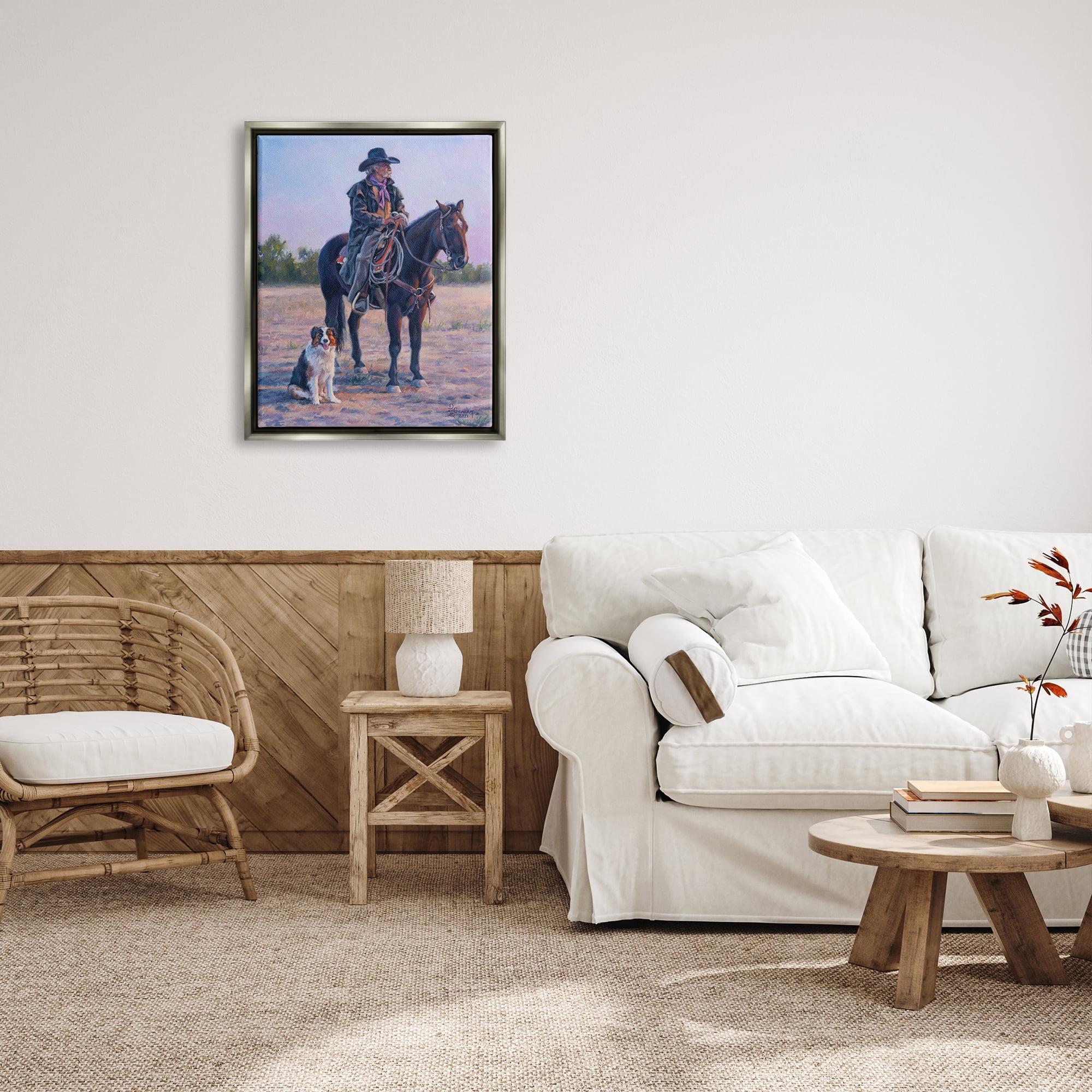 Stupell Industries Cowboy in Rural Landscape Animals & Insects Painting Gray Floater Framed Art Print Wall Art, 25 x 31