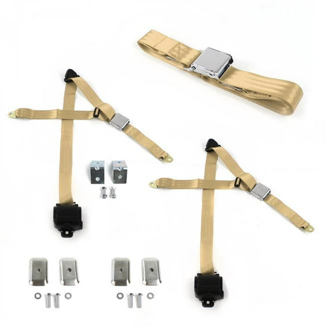 Airplane 3 Point Tan Retractable Bench Seat Belt Kit with Bracketry for Early Cars 1900-1927 - 3 Belts