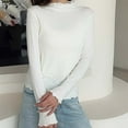 thumbnail image 4 of Womens Long Sleeve Tops Scalloped Soft Base Sweaters Mock Neck Casual Pullover Solid Color Spring Fall Clothes (One Size, White), 4 of 5