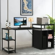 Angle View: Computer Desk with Printer Stand, Shelf, Large Desk with Bookshelf 47in Desktop