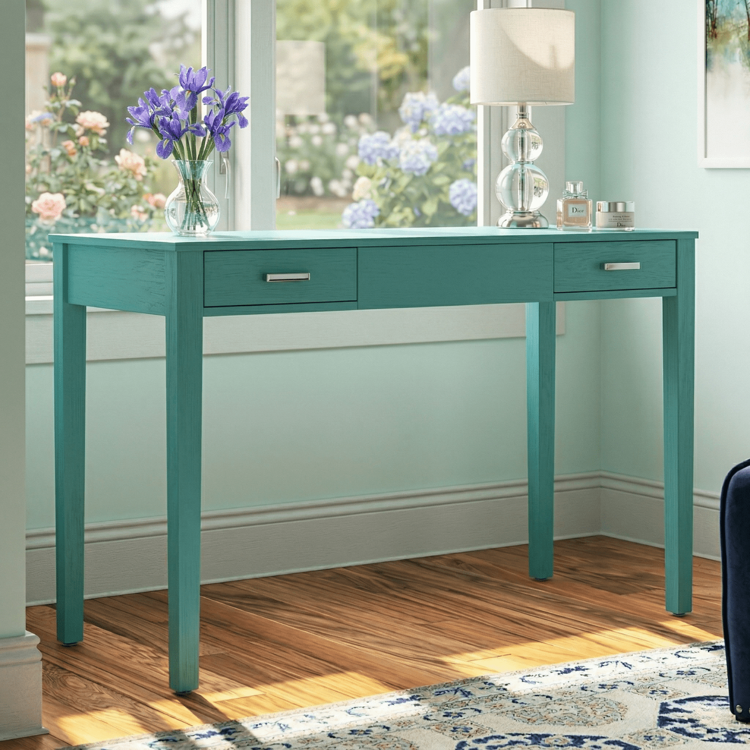 Posh Pollen Amy Wood Portable Power Outlet Writing Desk, Turquoise Finish