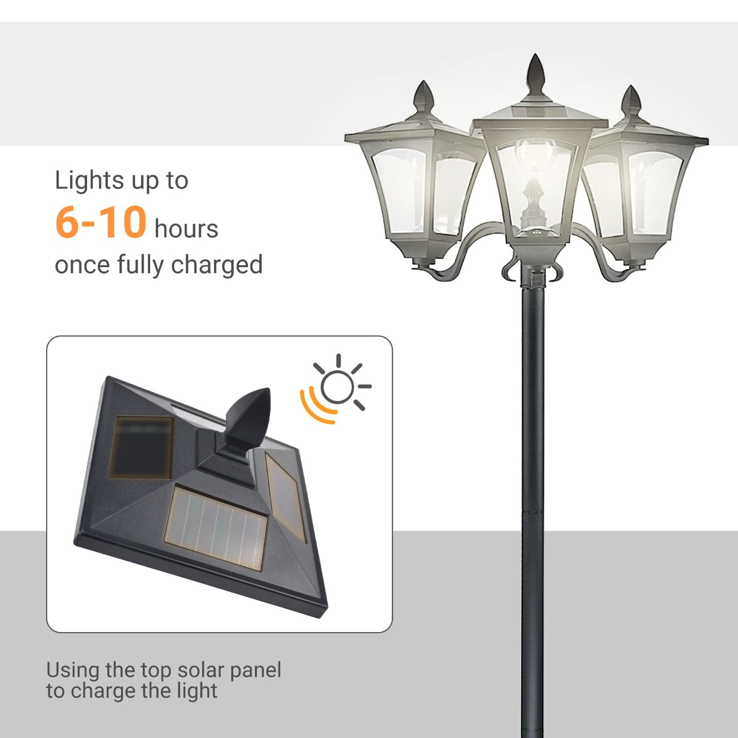 72" Outdoor Triple-Head Solar Lamp Post - IP44 Waterproof Vintage Street Light with Auto Sensor & Dimmable Switch for Backyard Garden Pathway Driveway
