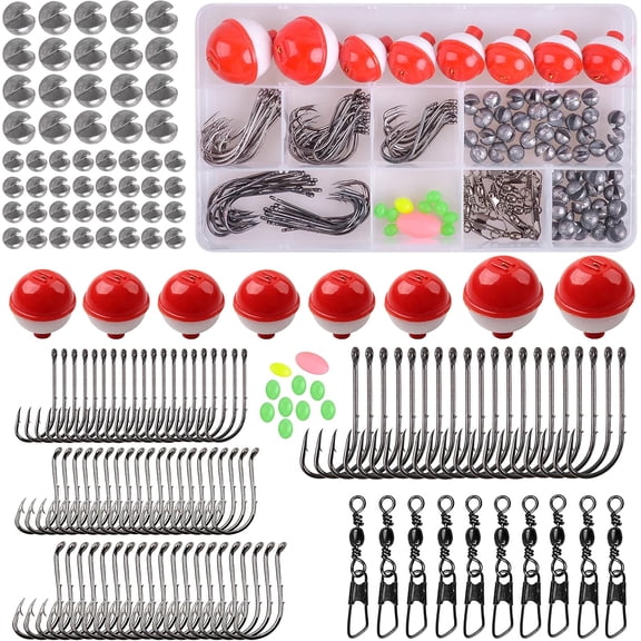 Fishing Tackle Kit, 160pcs Basic Bobbers and Hooks Assortment With Octopus Circle, Baitholder Hooks, Sinker Weights, Terminal Tackle Box for Trout Catfish Panfish
