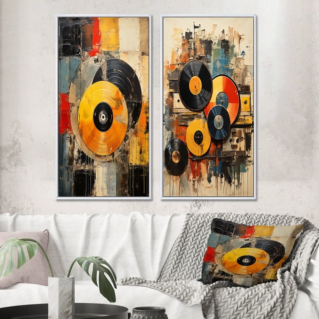 Designart "Retro Vibes in Colorful Vinyl I" Vinyl Records Framed Wall Art Set Of 2 - Multi-Color Fashion Gallery Wall Frame Set For Home Decor