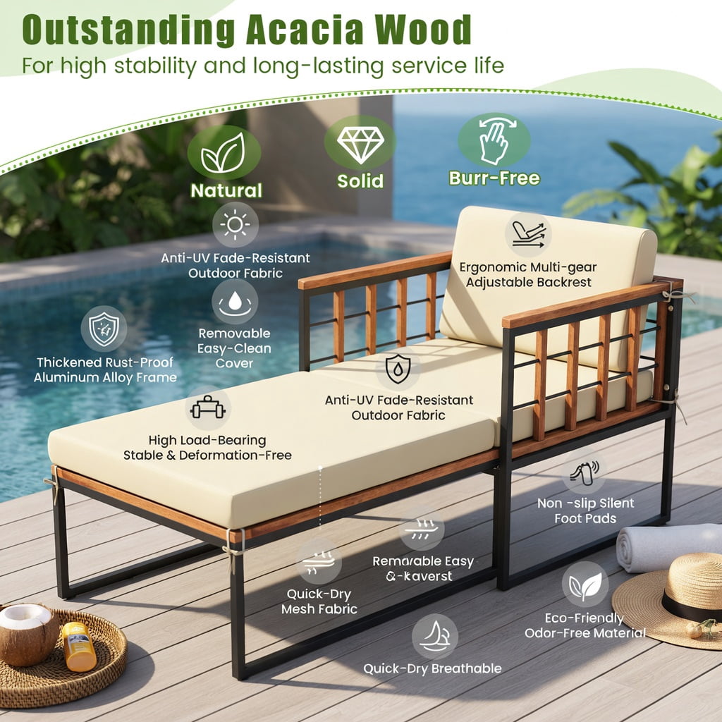 Hommoo Acacia Wood Patio Armchair Set with Matching Ottoman & Removable Cushions, Outdoor Lounge Chair for Backyard, Poolside, Balcony, Brown