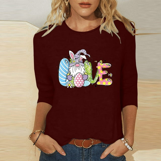 Xihbxyly Hauts Grande Taille pour Femmes Manches 3/4 T-shirt Imprimé Col Rond de Pâques Manches 3/4 Chandail Col Rond Cadeau de Vacances