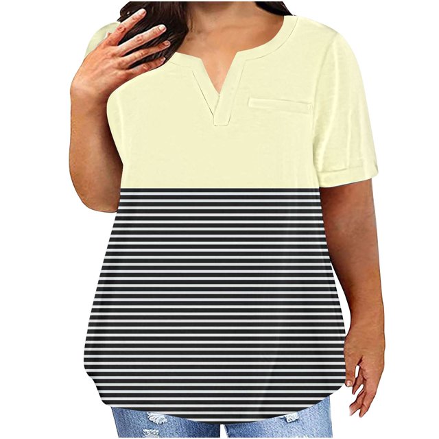 PEZHADA Plus Size Femmes Shorts Plus Size Tops pour Femmes V-Cou Blouse Décontractée Été Blouse à Manches Courtes Plus Size Femmes Blouses