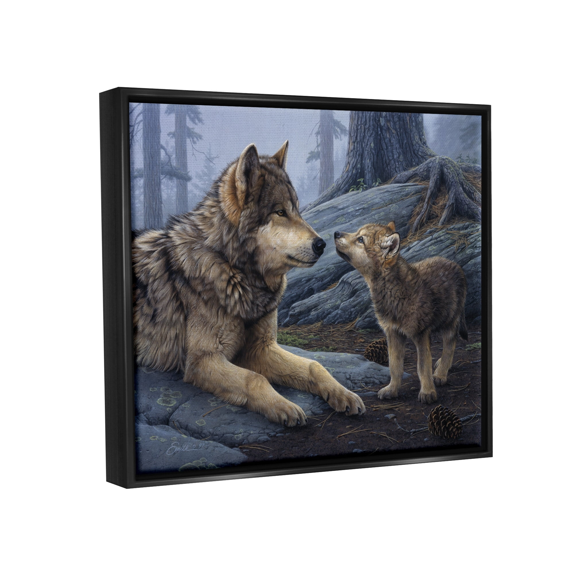 Stupell Industries Wolf & Cub Woodland Forest Animals & Insects Painting Black Floater Framed Art Print Wall Art