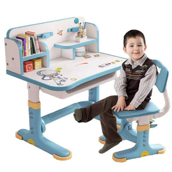 Xnigf Kids Adjustable Study Desk and Chair Set with Storage Drawer,  Height Adjustable, Blue