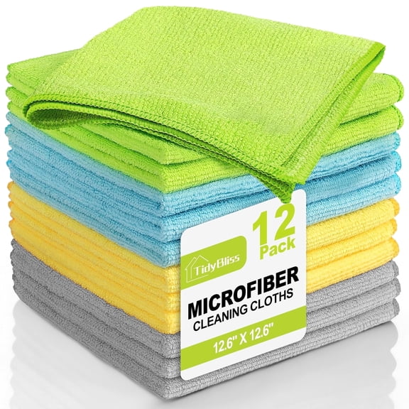 TidyBliss Microfiber Cleaning Cloths 12 Pack, Size: 12.6” x 12.6” (Green/Blue/Yellow/Grey)
