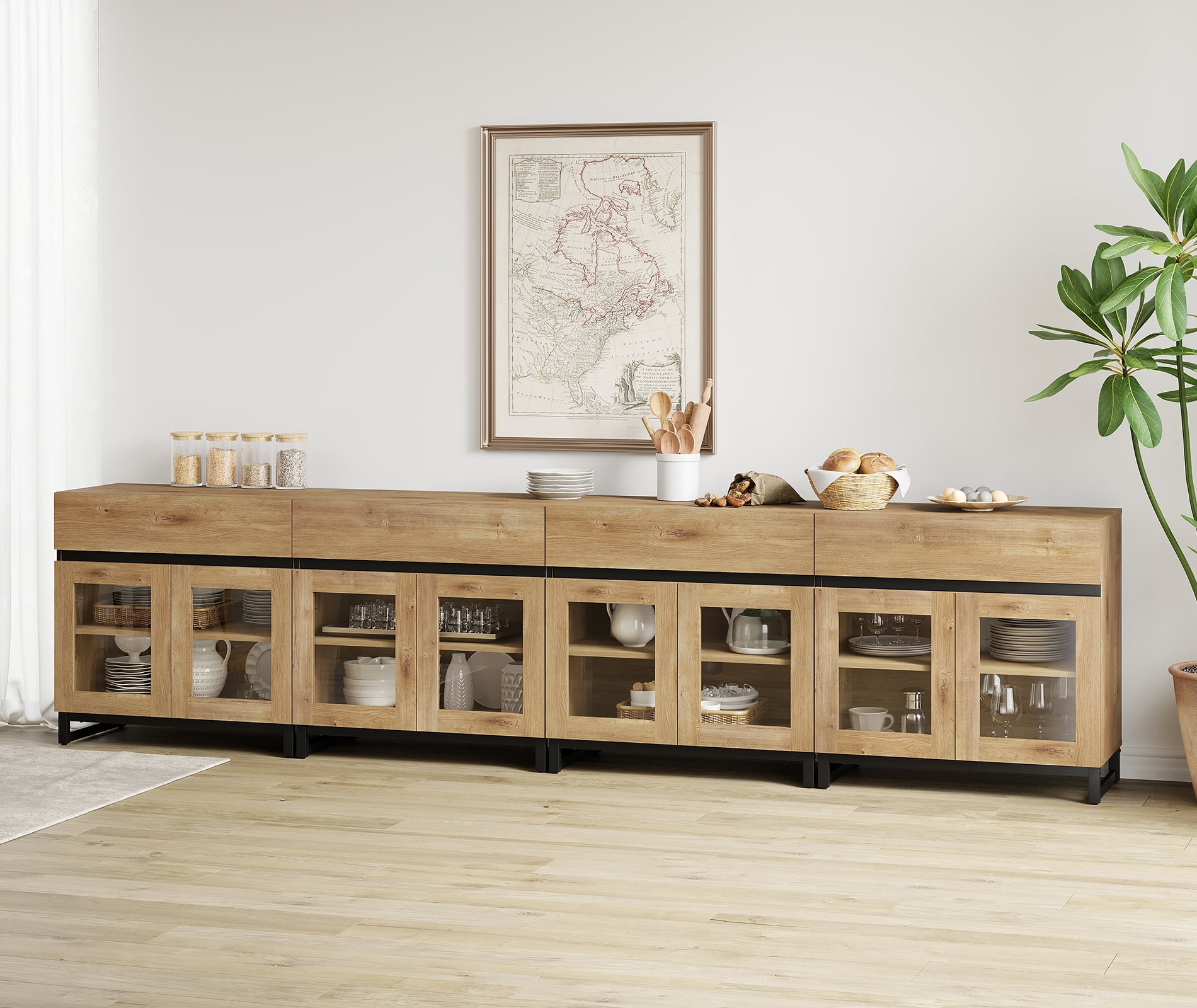 Modern Sideboard Buffet Cabinet with Glass Doors and Adjustable Shelf Coffee Bar Storage Cabinet for Living Room Kitchen,Oak