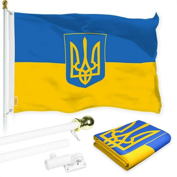G128 Flag Pole 6FT White Tangle Free & Ukraine Ukrainian Coat of Arms Flag 3x5FT Combo Printed 150D Polyester