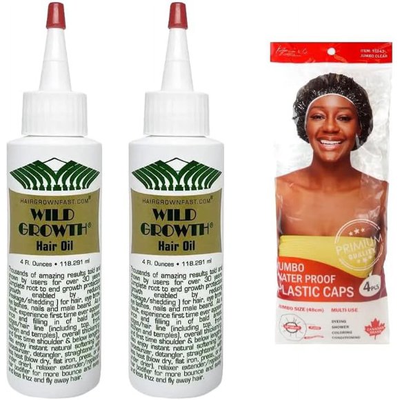 Wild Growth Hair Oil, 4oz each, 2 bottles, with 4 Jumbo Shower Caps - value bundle
