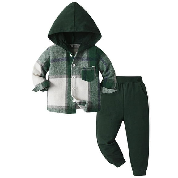 ZACPNCV Toddler Baby Boy Clothes Plaid Hooded Shirt Jeans Pants 2 Piece Outfit Fall Winter Pants Outfits Set Green 6-9 Months