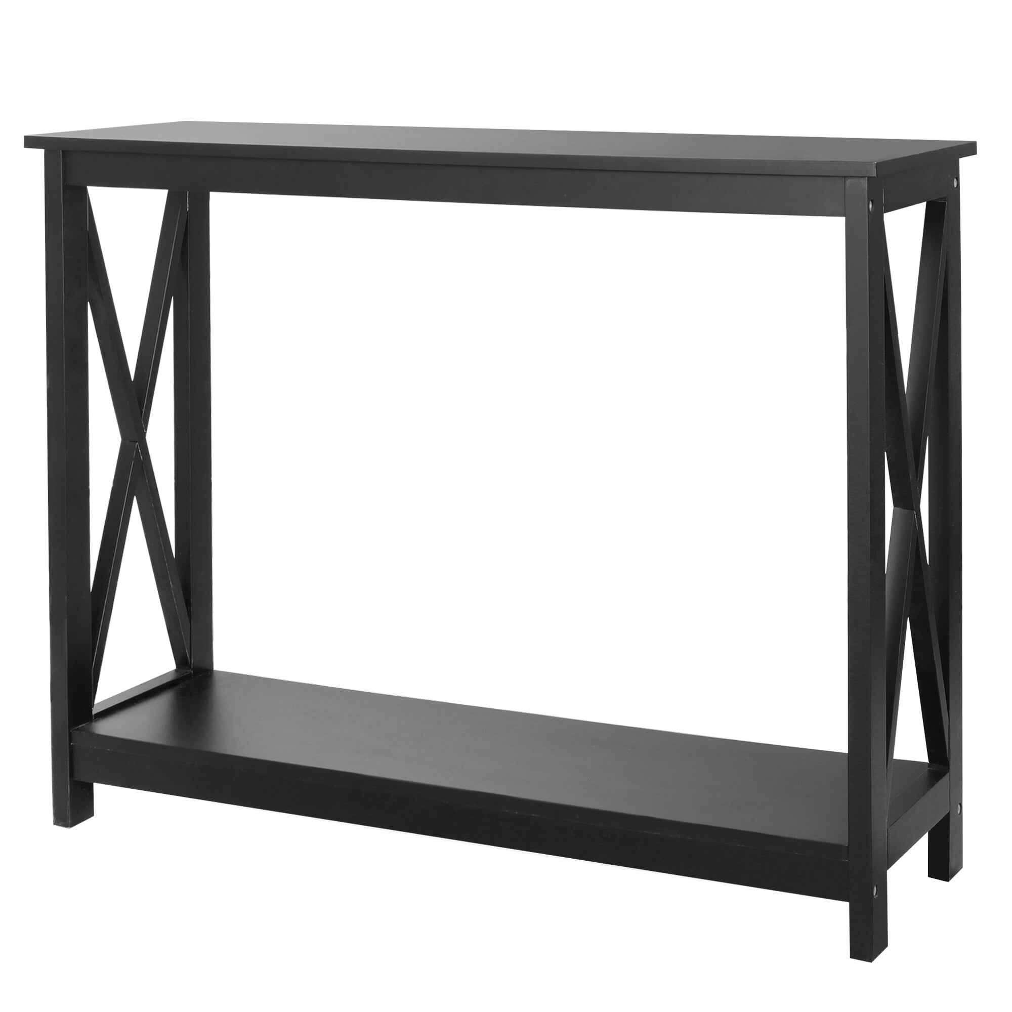 SuperDeal Black Console Table 2-Tier MDF Entryway Table X-Design Storage Display Shelf Indoor