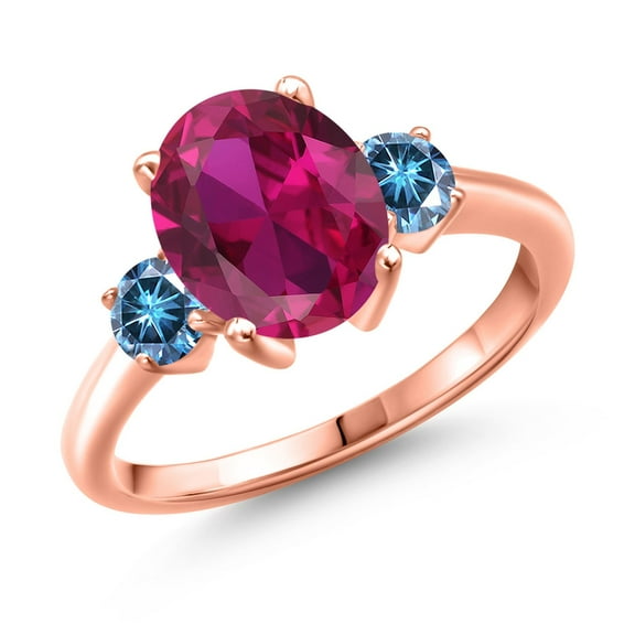 Gem Stone King 18K Rose Gold Plated Silver Ring Oval Red Created Ruby and Vivid Persian Blue Moissanite (3.46 Cttw, Size 9)