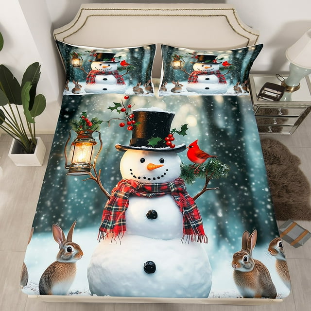 Drap-housse Xmas Snowman Mignon Rabbit, Draps de Lit Joyeux Noël Simple, Ensemble de Literie Flocon de Neige Xmas Décorations de Noël Dessin Animé (Sans Drap Plat)