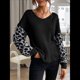 thumbnail image 4 of Suéter Holgado de Punto con Estampado de Leopardo, Larga, Cuello en V y Bloques de Color, Estilo Gótico Clásico e Informal para Mujer. Negro M, 4 of 6